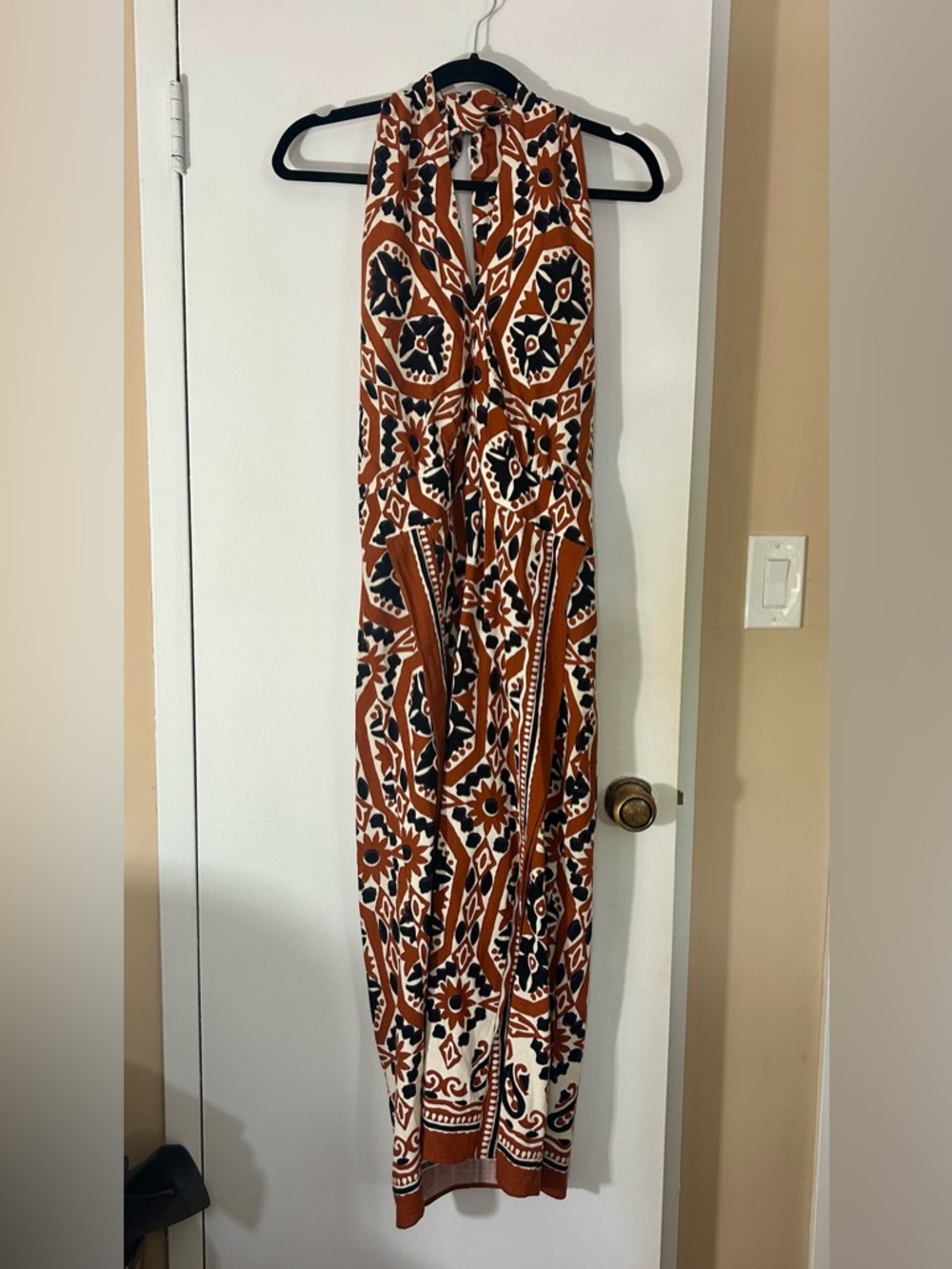 Sezane Alana Dress, Halter Midi Dress Size 42 / US 10, Rust Brown, Black, Cream - Picture 14 of 16